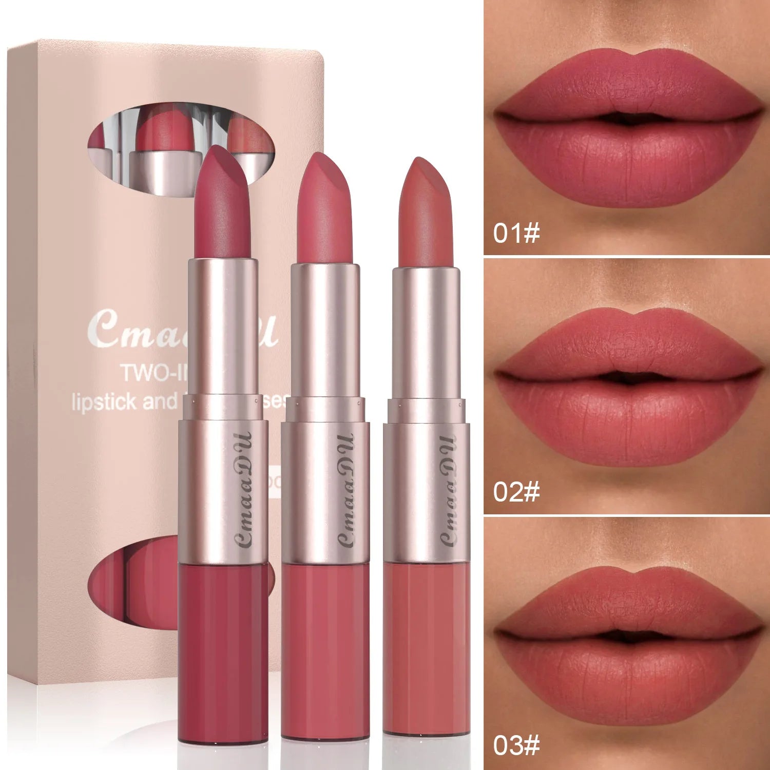 3pcs Lipstick Lipgloss Set Double Head Non-stick Cup Makeup Waterproof Sexy Woman Lip Makeup Long Lasting Lipsticks Kit