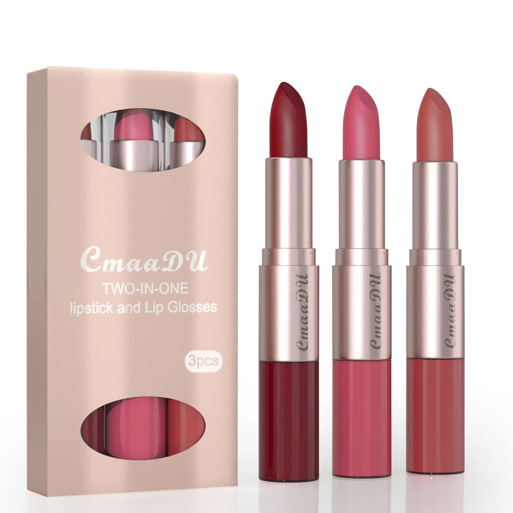 3pcs Lipstick Lipgloss Set Double Head Non-stick Cup Makeup Waterproof Sexy Woman Lip Makeup Long Lasting Lipsticks Kit
