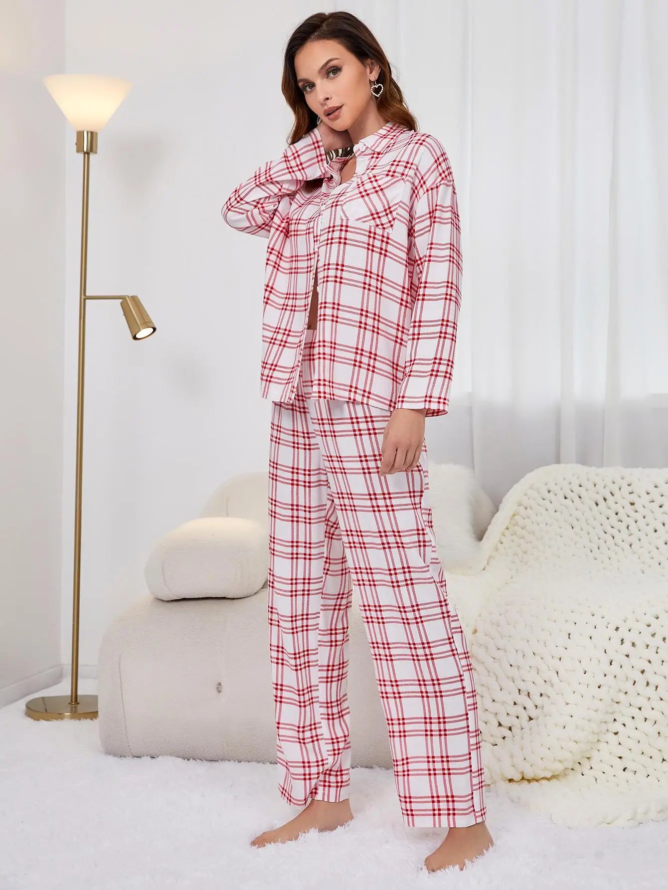 Red Plaid Women's Pajamas 2 Pieces Sleepwear Tops&Pants Autumn Winter Pijamas HomeWear Clothes Front Button With Chest Pocket