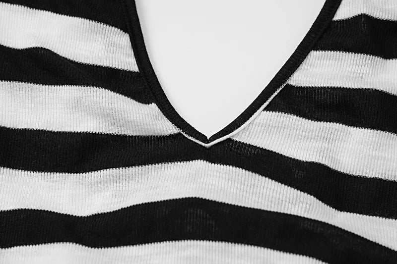 ANJAMANOR Black and White Striped Fall Dress Woman Elegant Sexy Flare Sleeve Deep V Backless Long Dresses Club Outfits D70-DI30