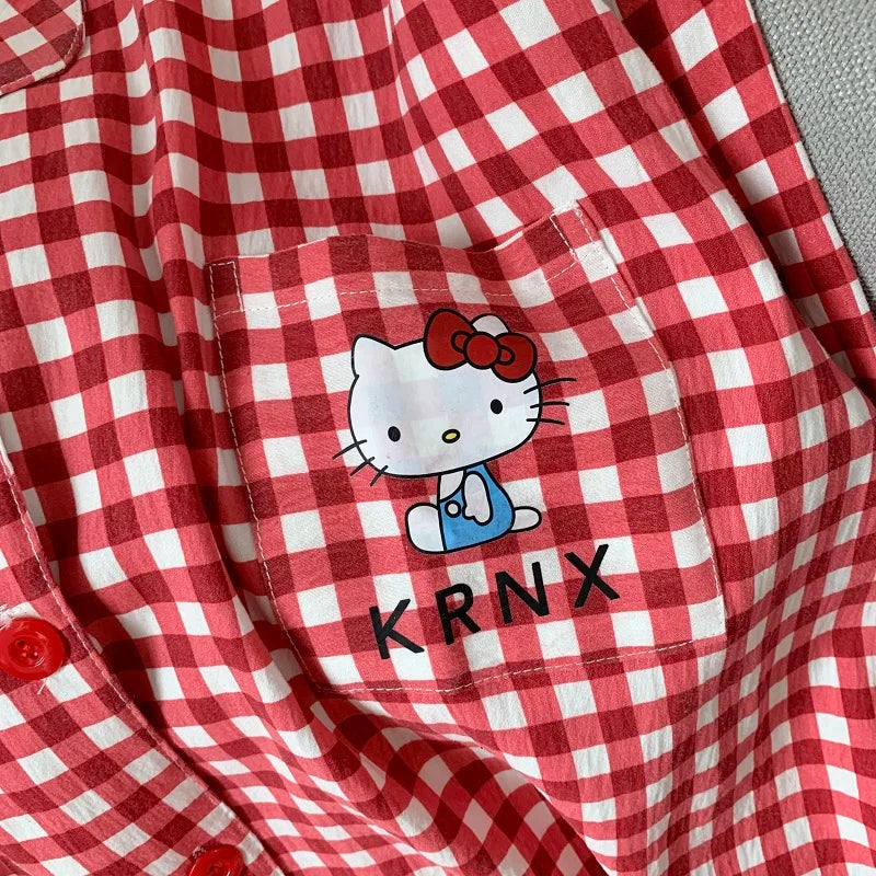 Plus Size Women Hello Kitty Pajamas Set Kawaii Homewear Long Sleeve Two Piece Pajama Set Loose Sleepwear Outfit Christmas Gift