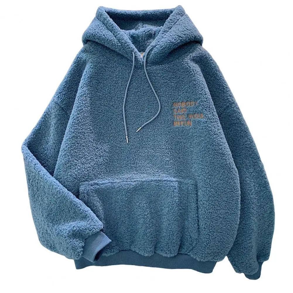 Casual Hooded Sweatshirt Cozy Fall Winter Women's Hoodie with Drawstring Patch Pocket Warm Fleece Pullover with Letter for Cold