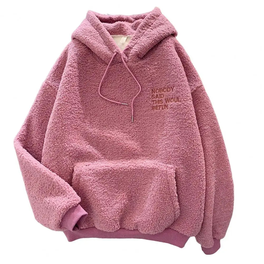 Casual Hooded Sweatshirt Cozy Fall Winter Women's Hoodie with Drawstring Patch Pocket Warm Fleece Pullover with Letter for Cold