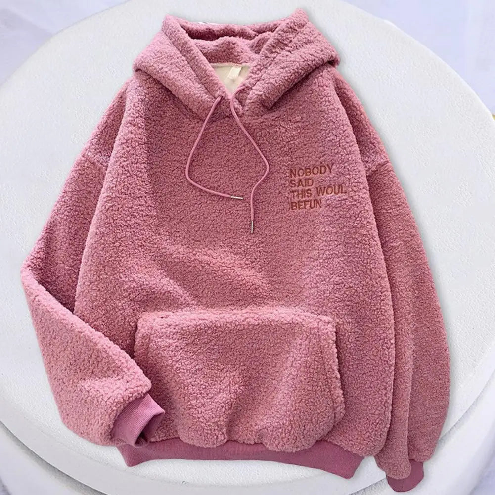 Casual Hooded Sweatshirt Cozy Fall Winter Women's Hoodie with Drawstring Patch Pocket Warm Fleece Pullover with Letter for Cold