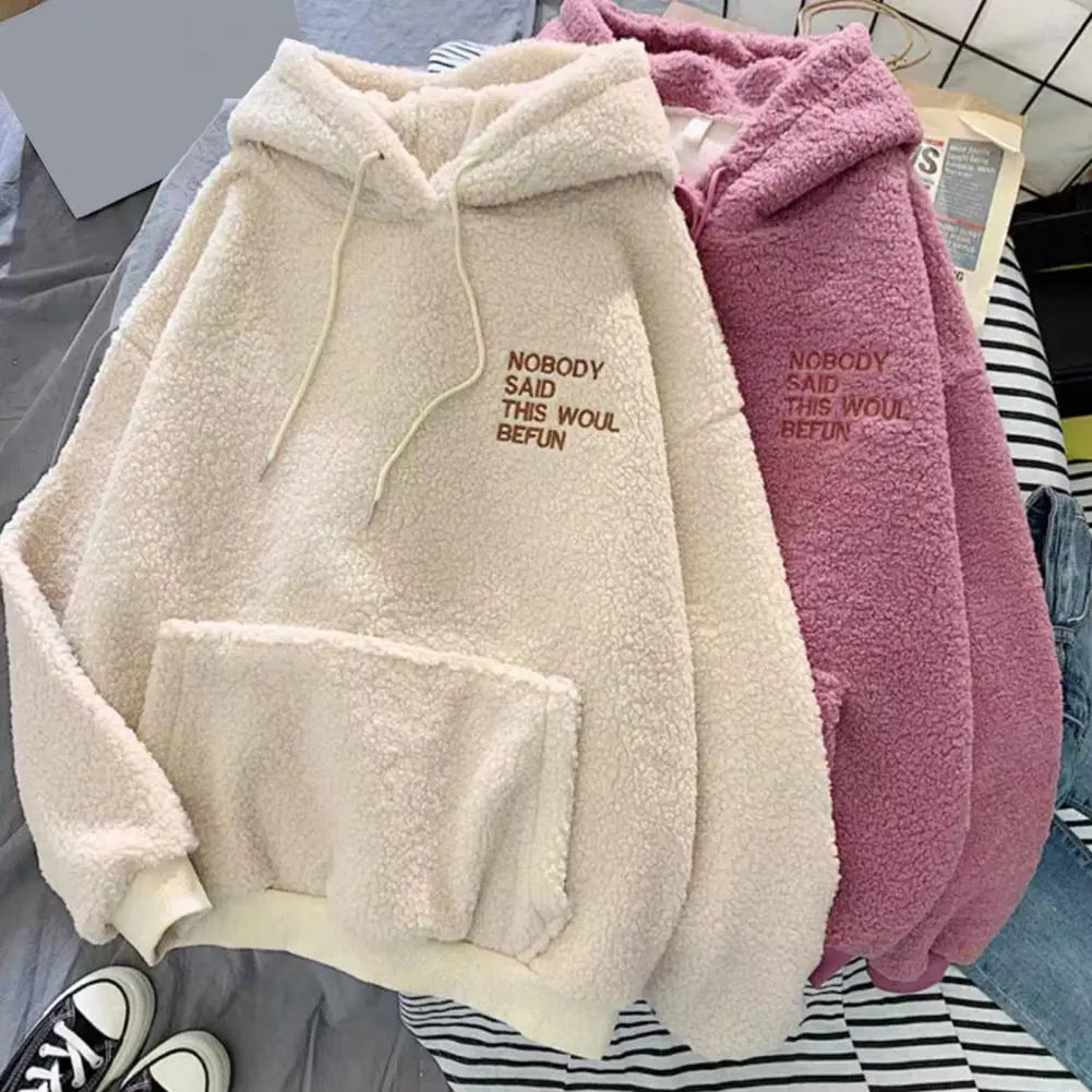 Casual Hooded Sweatshirt Cozy Fall Winter Women's Hoodie with Drawstring Patch Pocket Warm Fleece Pullover with Letter for Cold