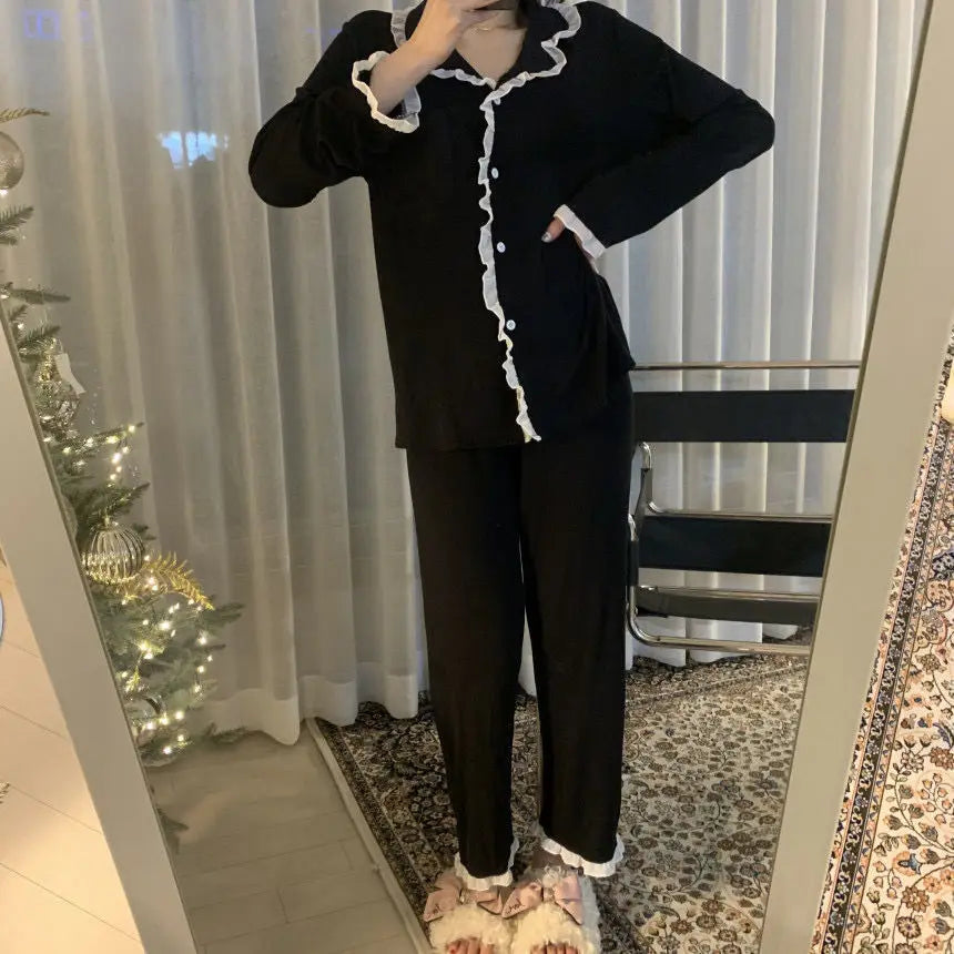 2Pcs/set Women's Nightwear Sexy Lace Long Sleeve Long Pants Simple Black Autumn and Winter Cardigan Young Girls Clothes Womens