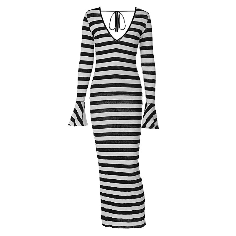 ANJAMANOR Black and White Striped Fall Dress Woman Elegant Sexy Flare Sleeve Deep V Backless Long Dresses Club Outfits D70-DI30