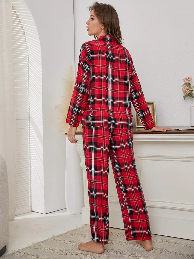 Red Plaid Women's Pajamas 2 Pieces Sleepwear Tops&Pants Autumn Winter Pijamas HomeWear Clothes Front Button With Chest Pocket