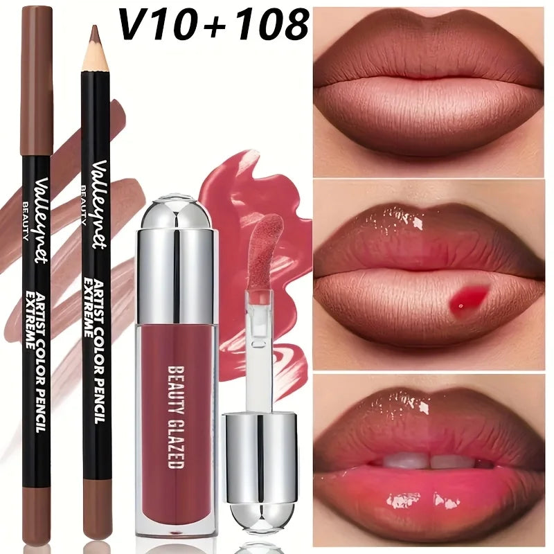 2pcs Lip Gloss & Liner Set Lip Glow Oil with Long-Lasting  Beauty Matte Lip Gloss Matte Lipstick Lip Liner, Lip Liner Set Daily