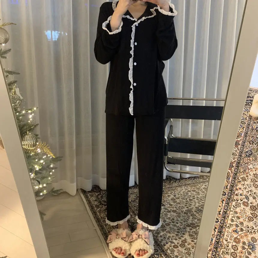 2Pcs/set Women's Nightwear Sexy Lace Long Sleeve Long Pants Simple Black Autumn and Winter Cardigan Young Girls Clothes Womens