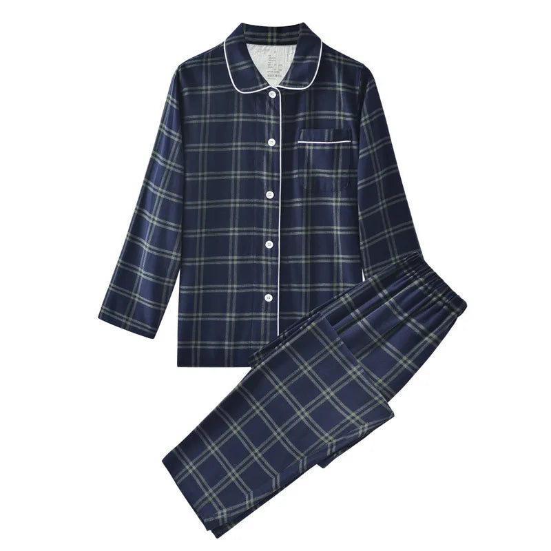 Couple's Home Clothes High-quality Cotton Flannel Warm Long Sleeve Long Trousers 2 Pcs Pajamas Set Checkered Sleepwear Clothes