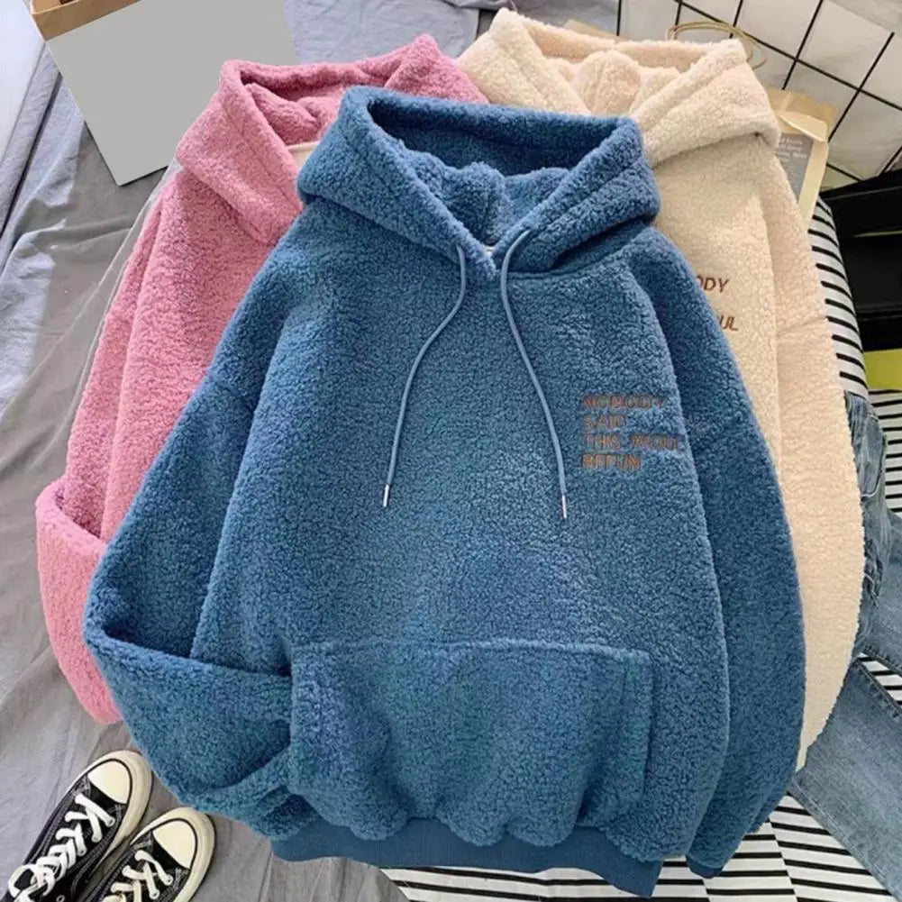 Casual Hooded Sweatshirt Cozy Fall Winter Women's Hoodie with Drawstring Patch Pocket Warm Fleece Pullover with Letter for Cold