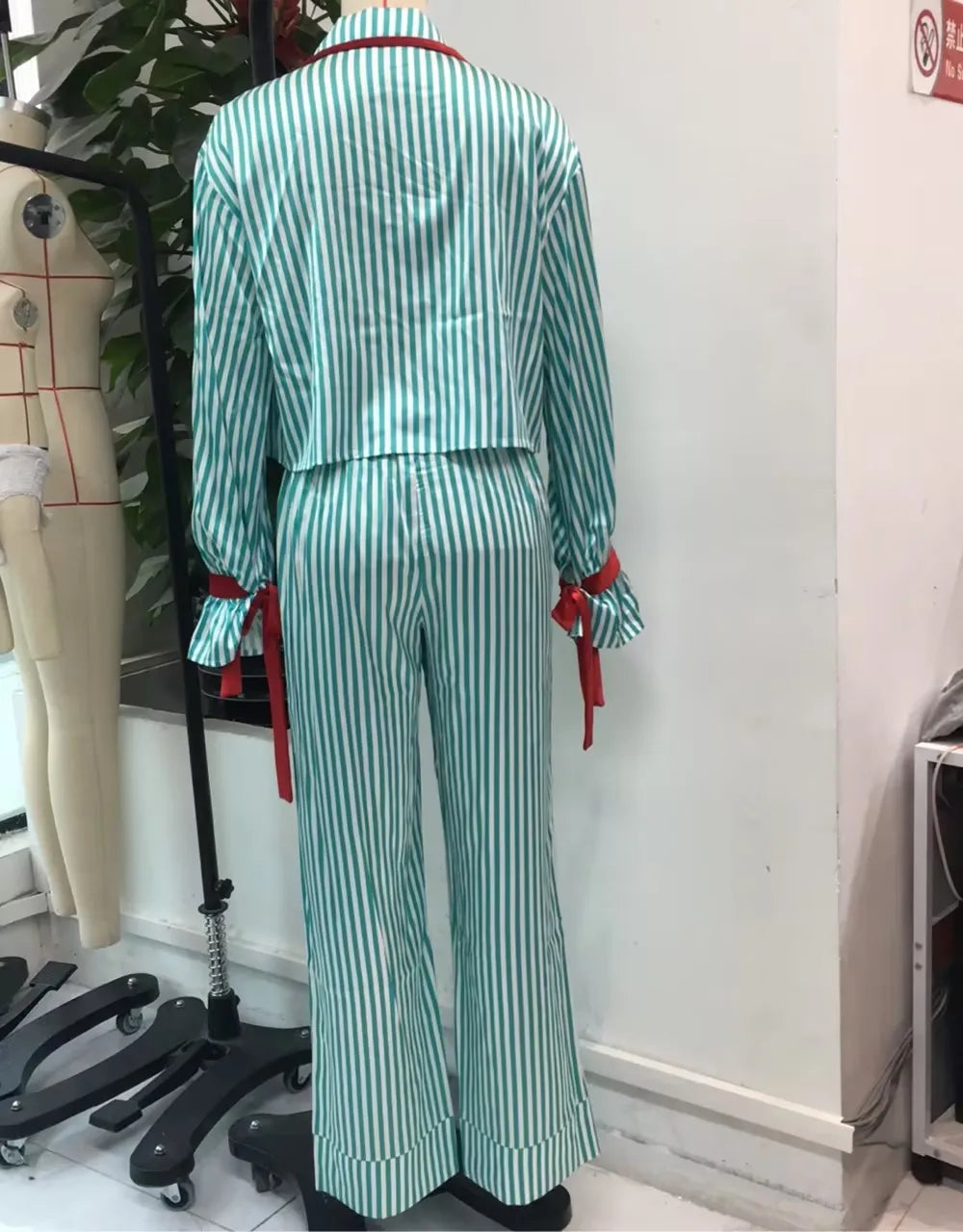 Womens Christmas Pajama Sets Striped Print Long Sleeve Button-up Shirts Tie-up Long Pants 2 Piece Sleepwear Pyjama Loungewear