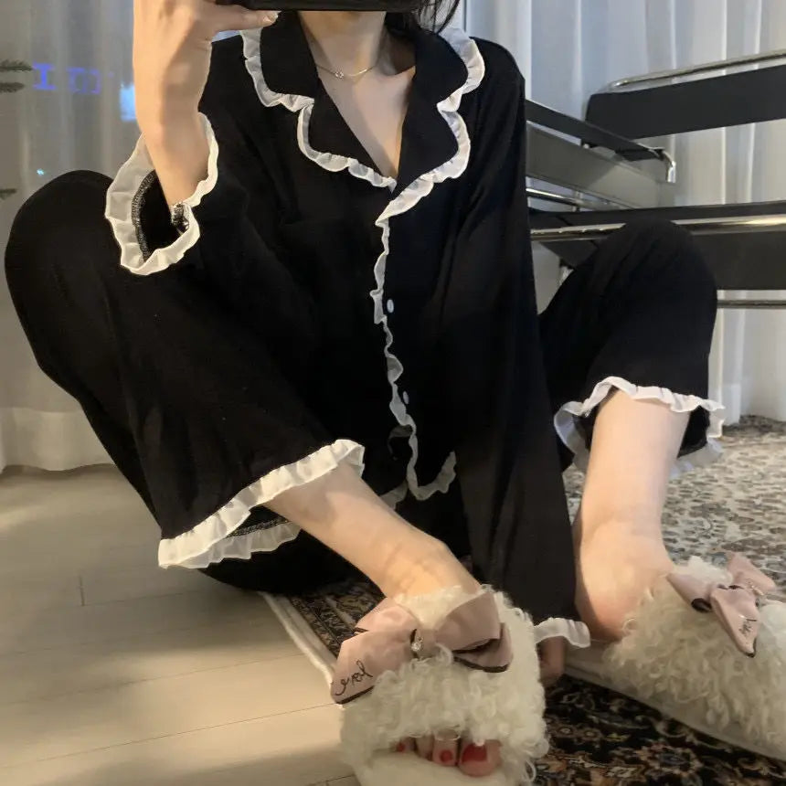 2Pcs/set Women's Nightwear Sexy Lace Long Sleeve Long Pants Simple Black Autumn and Winter Cardigan Young Girls Clothes Womens