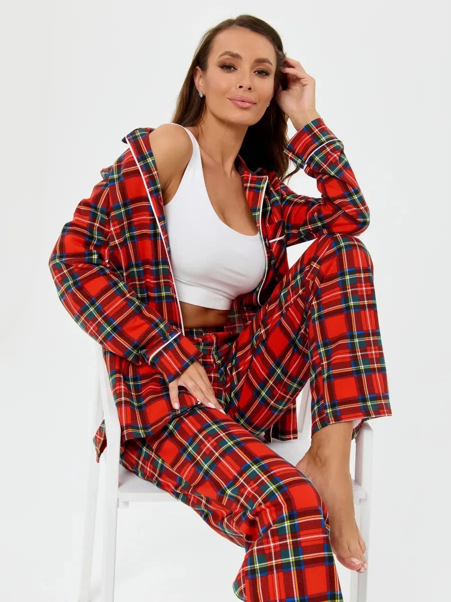 Mozuleva 100% Cotton Plaid Long Sleeved Pants Pajamas Set Autumn New Women's Comfortable Home Clothing Nightgown 2-Piece Set