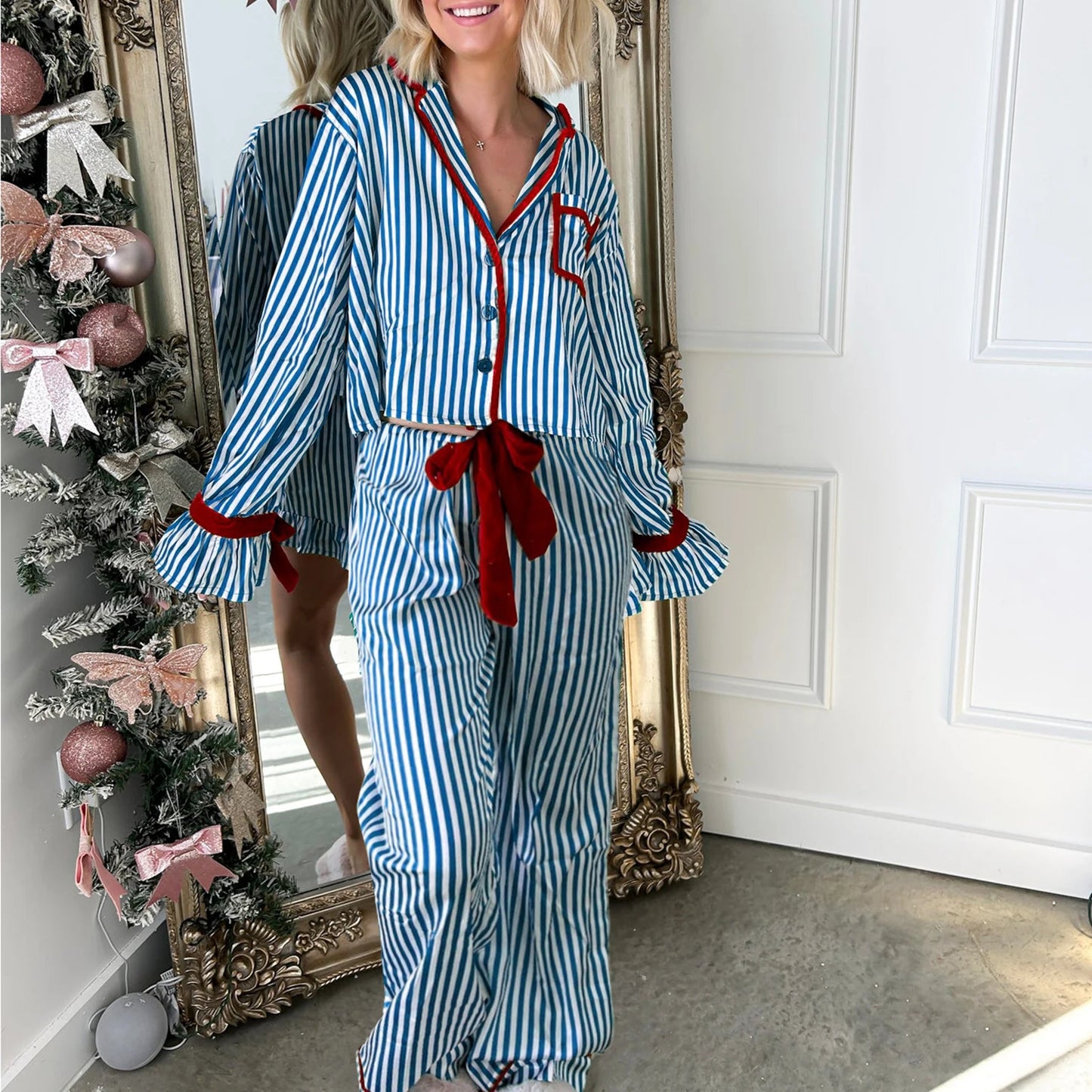 Womens Christmas Pajama Sets Striped Print Long Sleeve Button-up Shirts Tie-up Long Pants 2 Piece Sleepwear Pyjama Loungewear