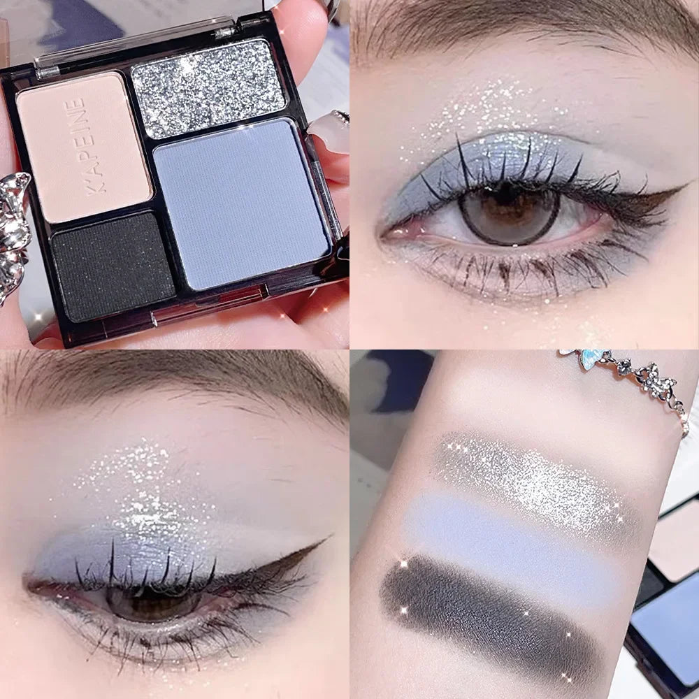 Disque de fard à paupières quatre couleurs, paillettes fines, nacré, mat, bleu thé au lait, mini fard à paupières pour étudiantes