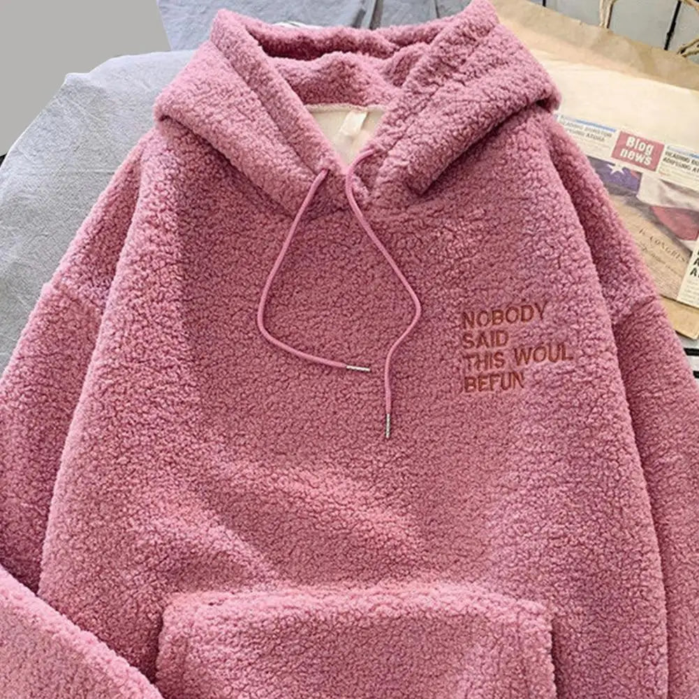 Casual Hooded Sweatshirt Cozy Fall Winter Women's Hoodie with Drawstring Patch Pocket Warm Fleece Pullover with Letter for Cold