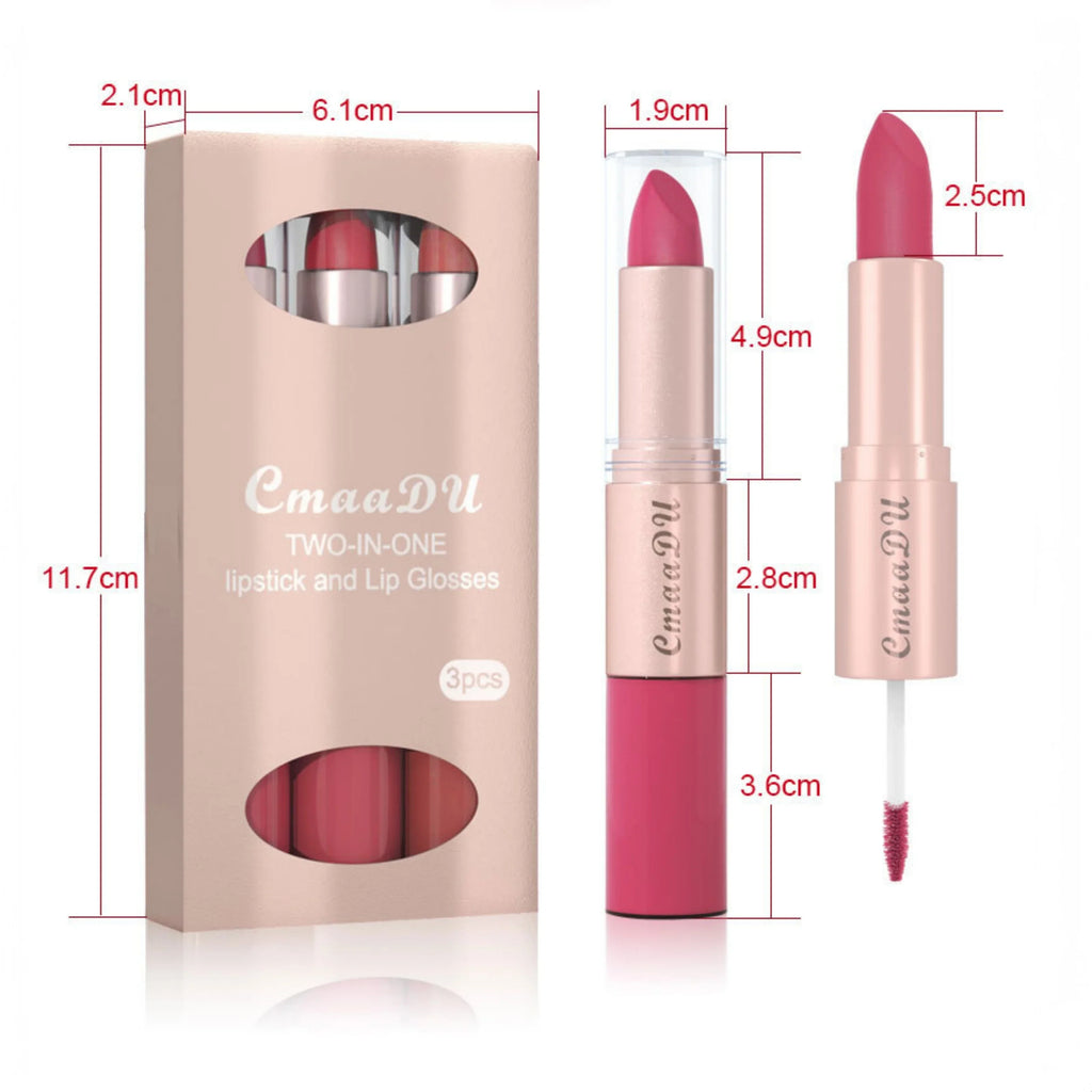 3pcs Lipstick Lipgloss Set Double Head Non-stick Cup Makeup Waterproof Sexy Woman Lip Makeup Long Lasting Lipsticks Kit