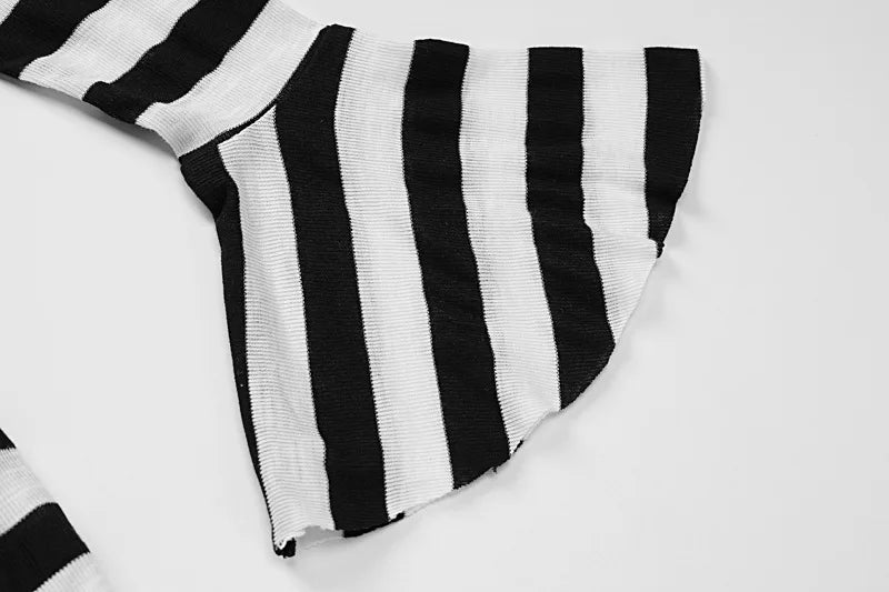 ANJAMANOR Black and White Striped Fall Dress Woman Elegant Sexy Flare Sleeve Deep V Backless Long Dresses Club Outfits D70-DI30