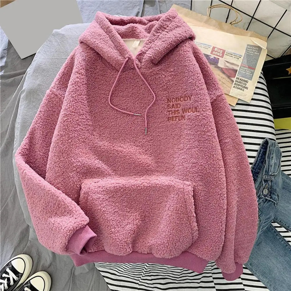 Casual Hooded Sweatshirt Cozy Fall Winter Women's Hoodie with Drawstring Patch Pocket Warm Fleece Pullover with Letter for Cold