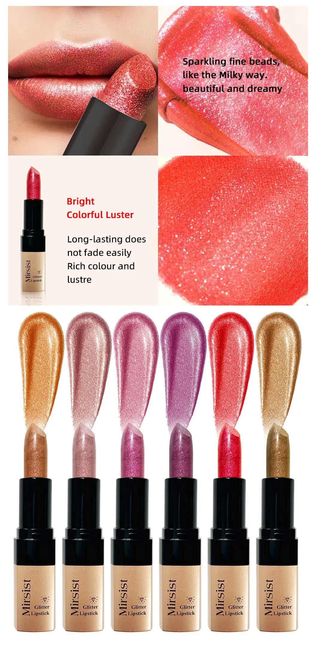 Diamond Lip Gloss Pearlescent Glitter Metallic Shine 6 Color Plump Lipstick Waterproof Long Lasting Lip Makeup