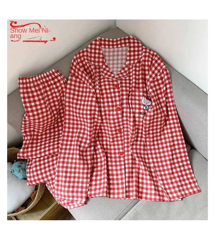 Plus Size Women Hello Kitty Pajamas Set Kawaii Homewear Long Sleeve Two Piece Pajama Set Loose Sleepwear Outfit Christmas Gift