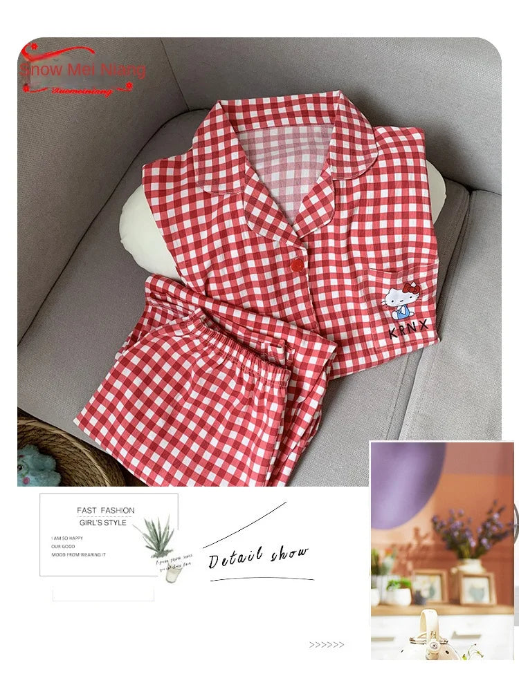 Plus Size Women Hello Kitty Pajamas Set Kawaii Homewear Long Sleeve Two Piece Pajama Set Loose Sleepwear Outfit Christmas Gift