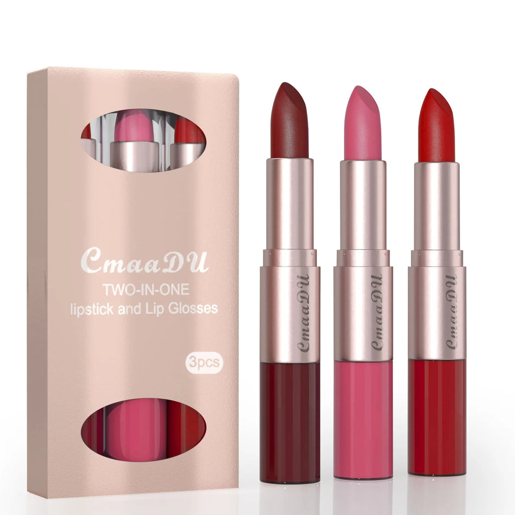 3pcs Lipstick Lipgloss Set Double Head Non-stick Cup Makeup Waterproof Sexy Woman Lip Makeup Long Lasting Lipsticks Kit