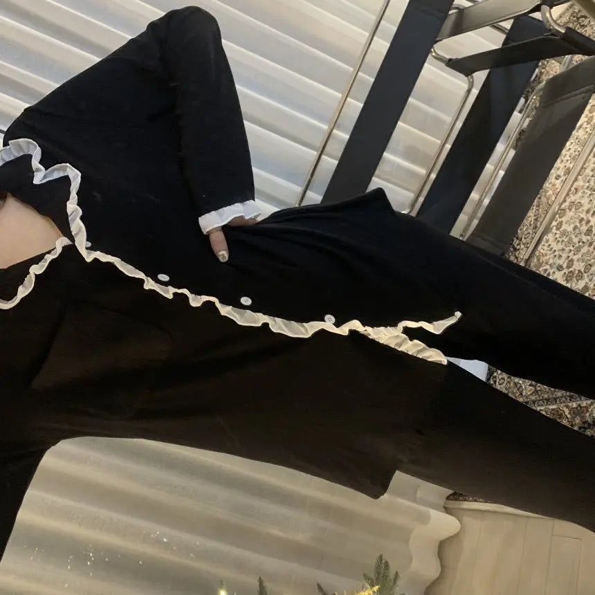 2Pcs/set Women's Nightwear Sexy Lace Long Sleeve Long Pants Simple Black Autumn and Winter Cardigan Young Girls Clothes Womens