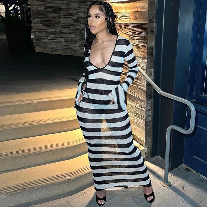 ANJAMANOR Black and White Striped Fall Dress Woman Elegant Sexy Flare Sleeve Deep V Backless Long Dresses Club Outfits D70-DI30