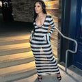 ANJAMANOR Black and White Striped Fall Dress Woman Elegant Sexy Flare Sleeve Deep V Backless Long Dresses Club Outfits D70-DI30
