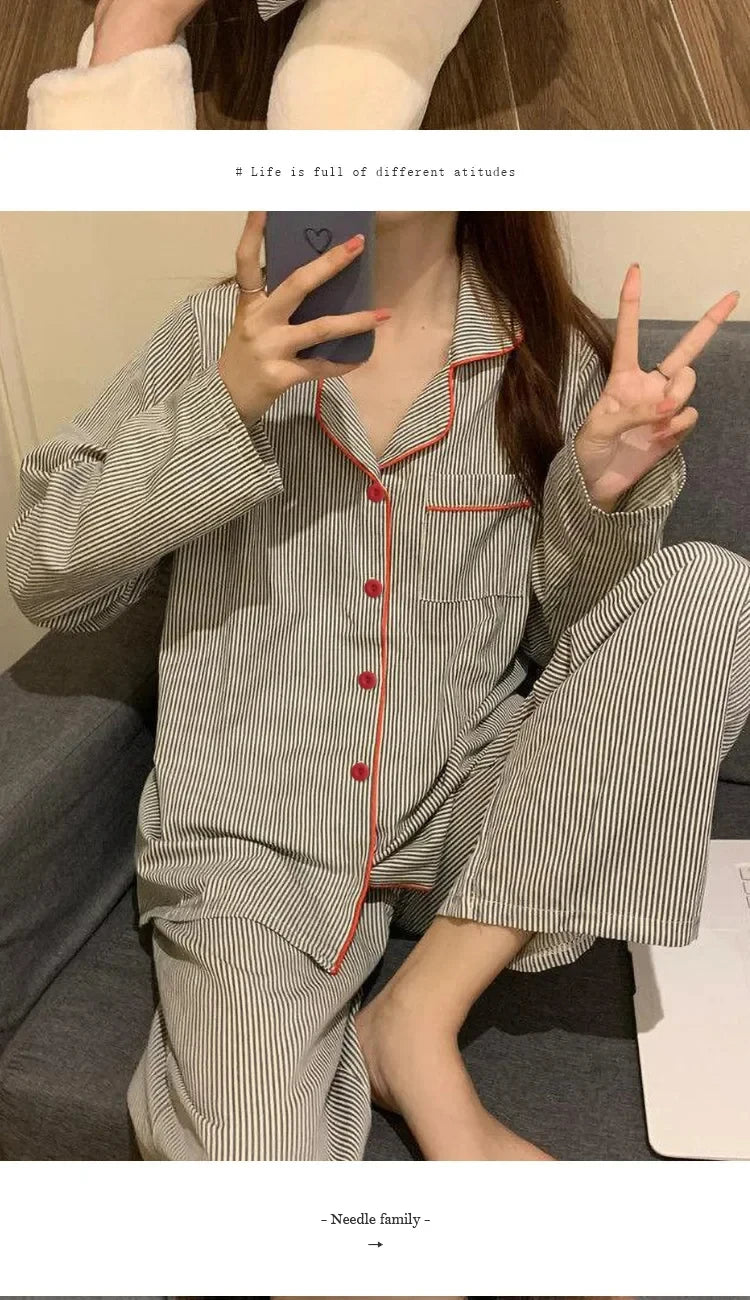 Pyjama respirant à manches longues pour femmes, vêtements de nuit pour étudiants, cardigan à rayures grises, vêtements d'intérie