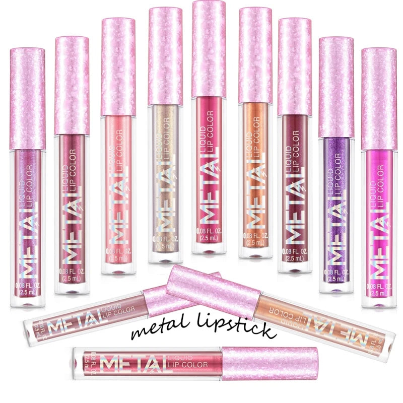 12 Colors Waterproof Metallic Shiny Lip Gloss Glitter Matte Liquid Lipstick Shimmer Lip Tint Long Lasting Lips Makeup Cosmetics