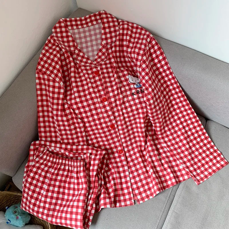 Plus Size Women Hello Kitty Pajamas Set Kawaii Homewear Long Sleeve Two Piece Pajama Set Loose Sleepwear Outfit Christmas Gift