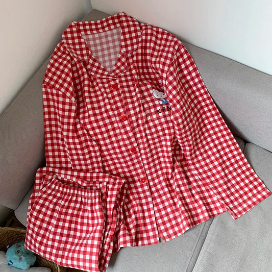 Plus Size Women Hello Kitty Pajamas Set Kawaii Homewear Long Sleeve Two Piece Pajama Set Loose Sleepwear Outfit Christmas Gift