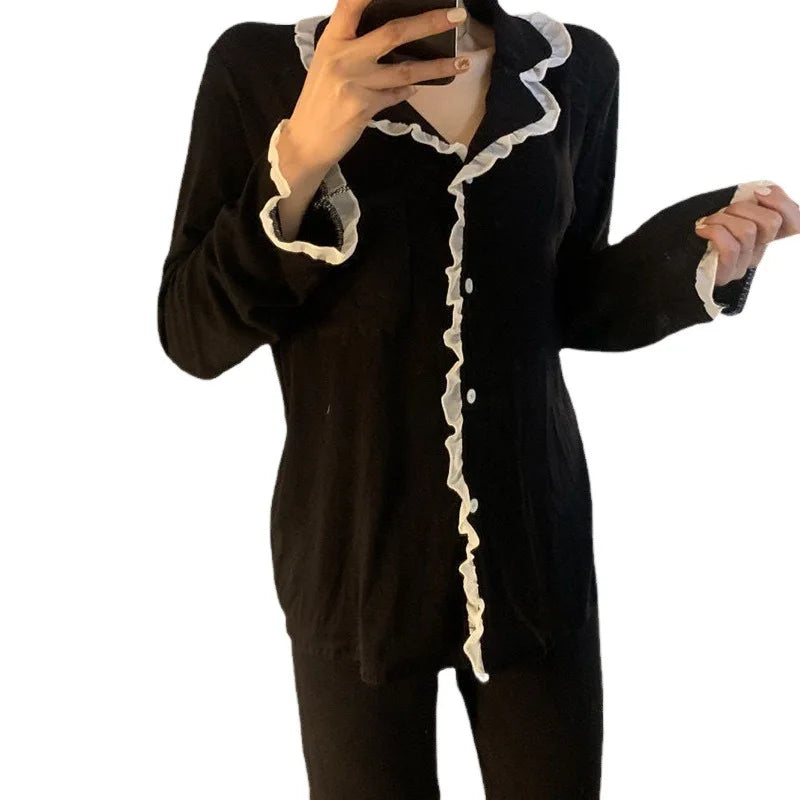 2Pcs/set Women's Nightwear Sexy Lace Long Sleeve Long Pants Simple Black Autumn and Winter Cardigan Young Girls Clothes Womens