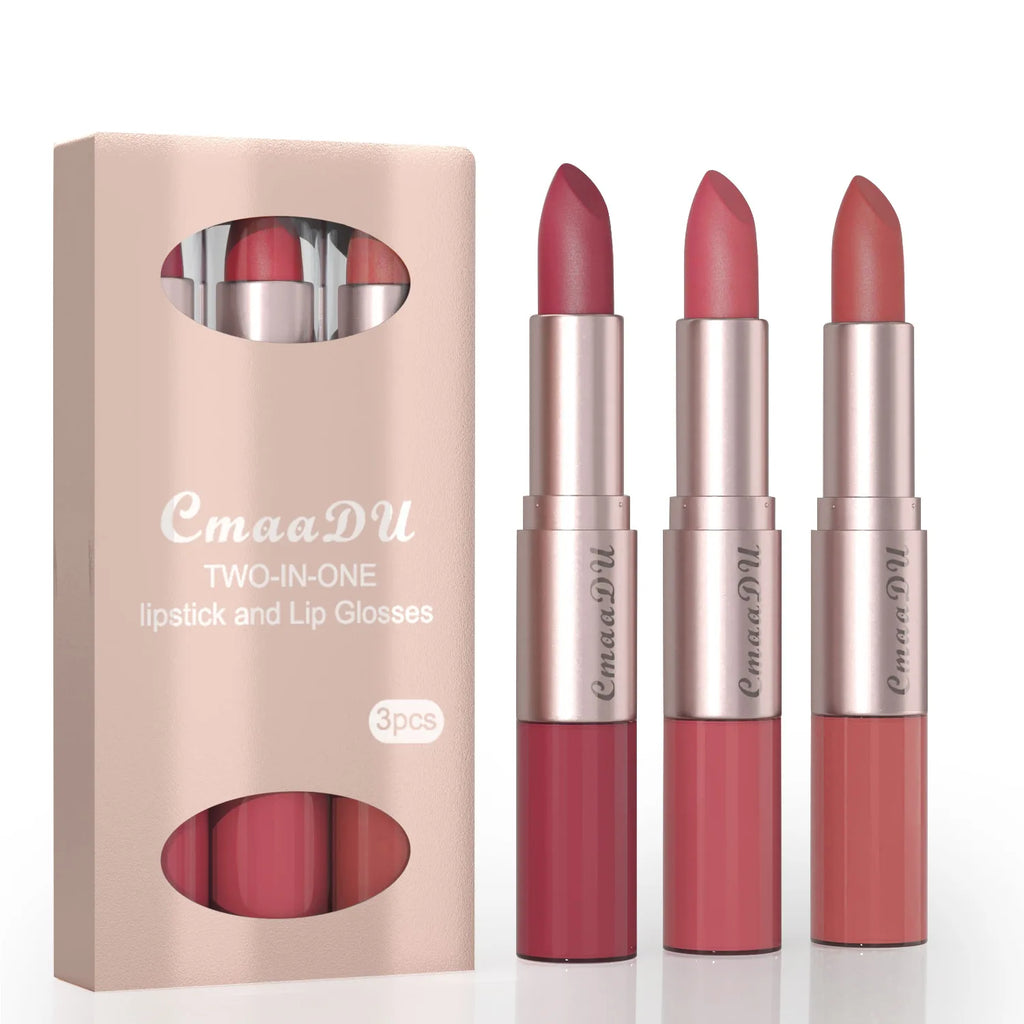 3pcs Lipstick Lipgloss Set Double Head Non-stick Cup Makeup Waterproof Sexy Woman Lip Makeup Long Lasting Lipsticks Kit