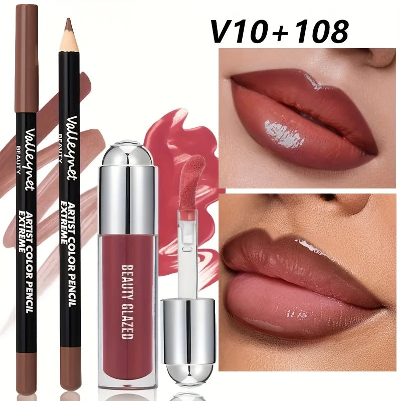 2pcs Lip Gloss & Liner Set Lip Glow Oil with Long-Lasting  Beauty Matte Lip Gloss Matte Lipstick Lip Liner, Lip Liner Set Daily