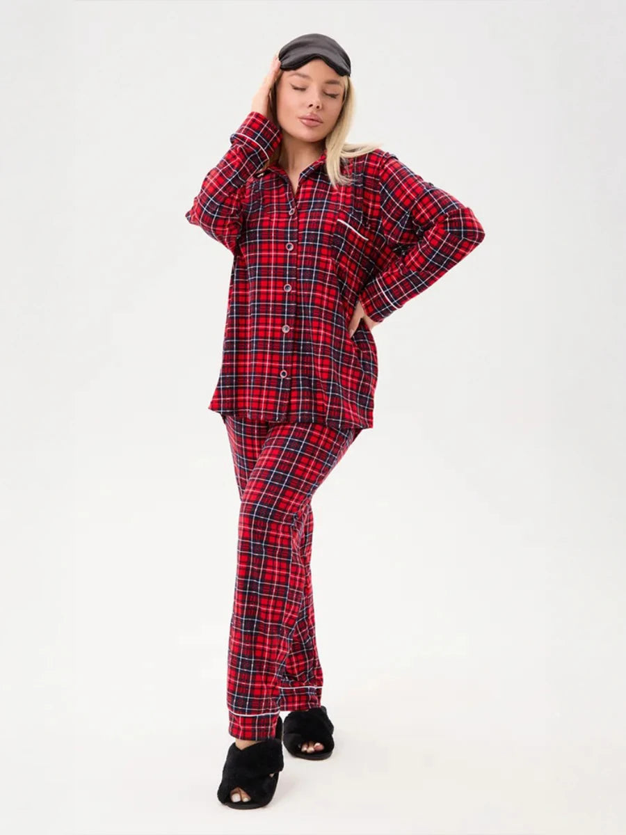 Mozuleva 100% Cotton Plaid Long Sleeved Pants Pajamas Set Autumn New Women's Comfortable Home Clothing Nightgown 2-Piece Set