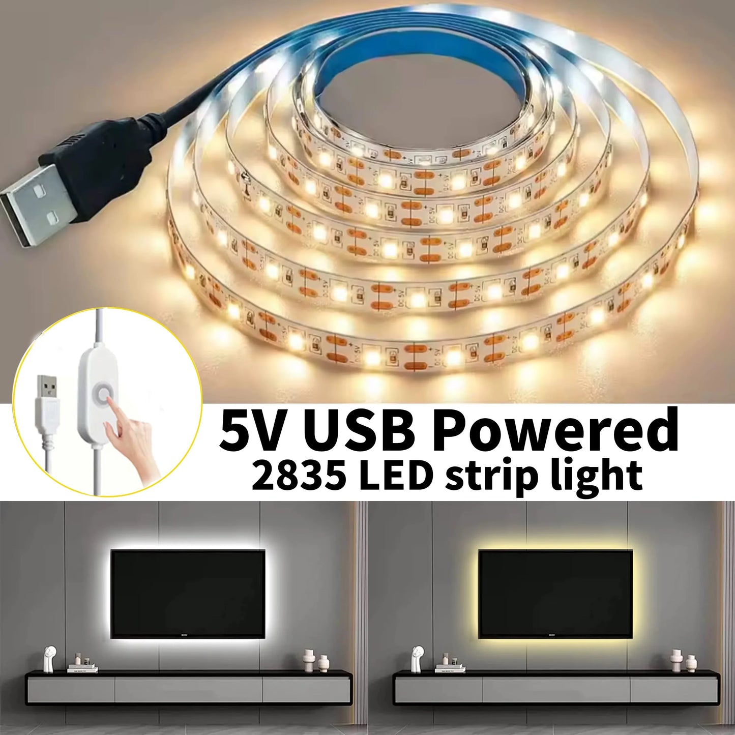 5V 2835 LED Strip Light White Warm White Flexible Cuttable Adhesive Tape for TV Backlight DIY Cabinet Shelf Home Decor Lighting
